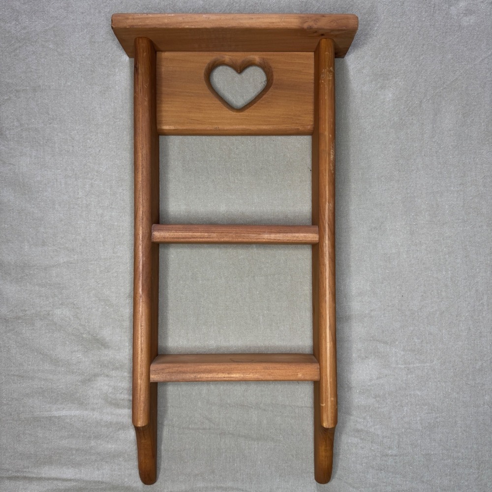 Vintage Rustic CottageCore Wood Wall Shelf Heart Cutout Ladder Decor